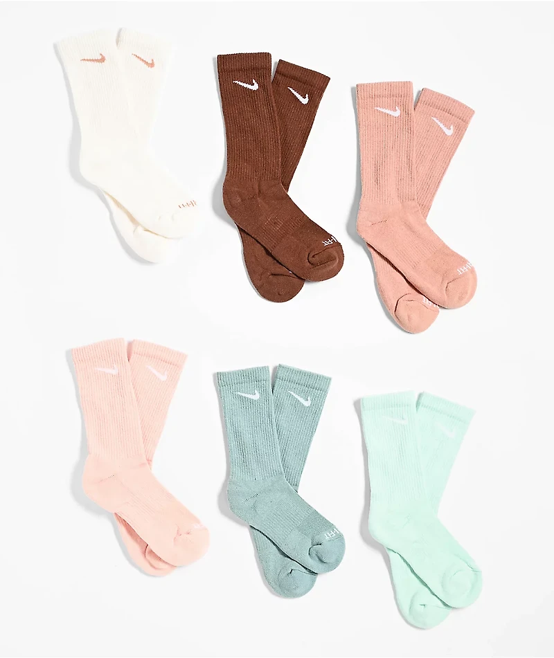 Nike Everyday Plus Cushioned Teal & Brown 6 Pack Crew Socks