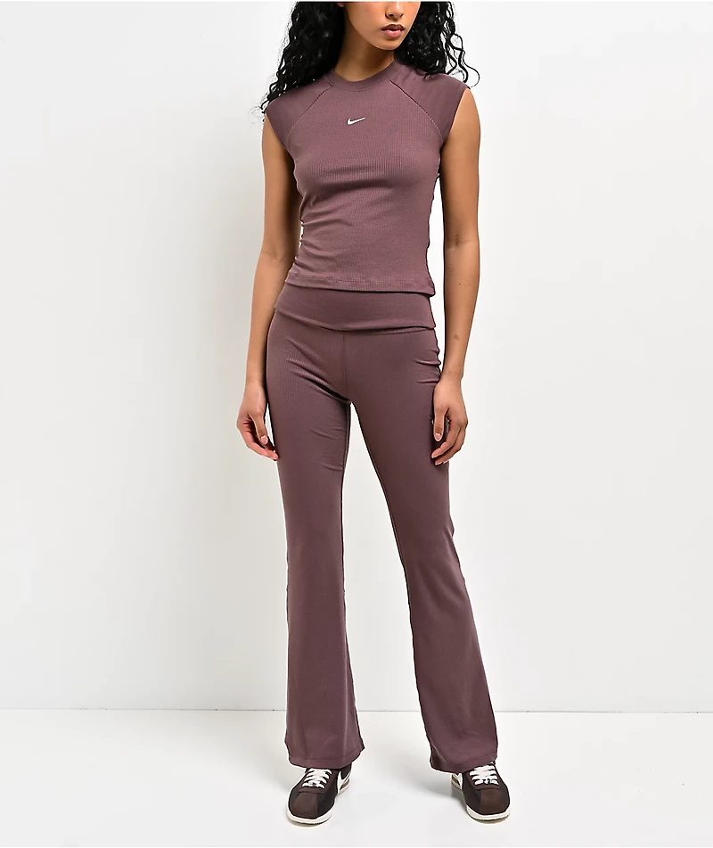 Nike Sportswear Chill Knit Tattoo Brown Fold Over Flare Leggings