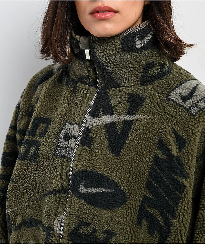Nike Sportswear High-Pile Fleece Olive Sherpa Crop Jacket