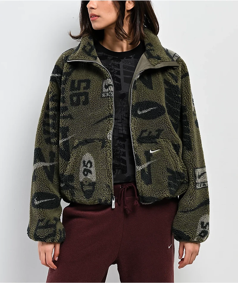 Nike Sportswear High-Pile Fleece Olive Sherpa Crop Jacket