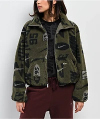 Nike Sportswear High-Pile Fleece Olive Sherpa Crop Jacket