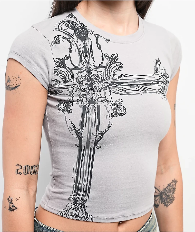 Ninth Hall Alina Cross Grey Crop T-Shirt