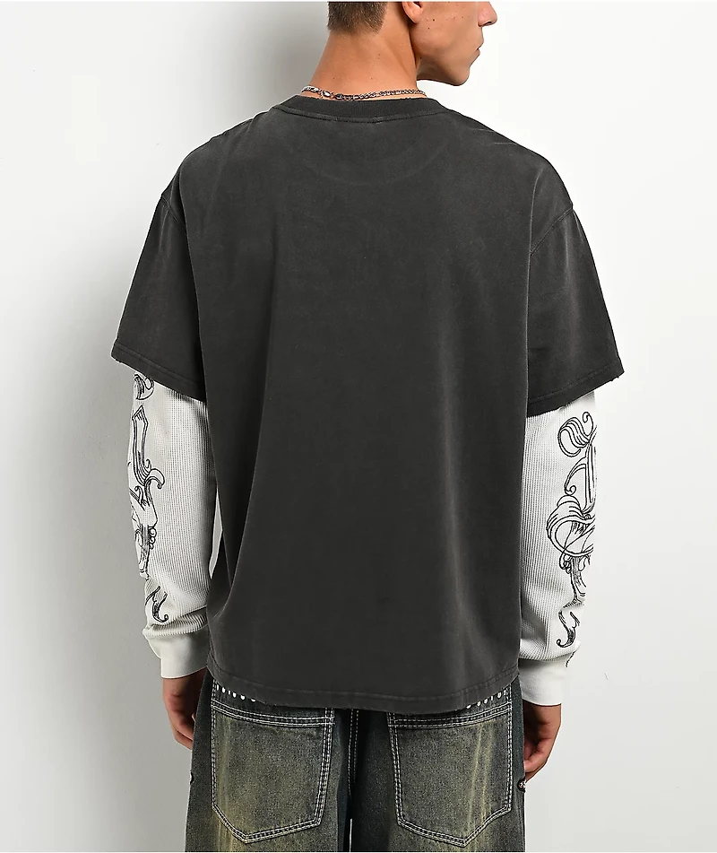 Ninth Hall All At Once Charcoal Wash & White 2fer Long Sleeve T-Shirt