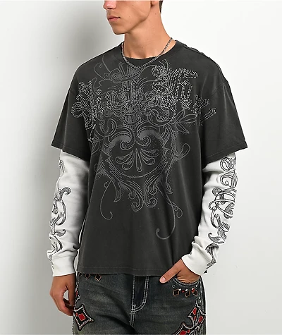 Ninth Hall All At Once Charcoal Wash & White 2fer Long Sleeve T-Shirt