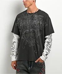 Ninth Hall All At Once Charcoal Wash & White 2fer Long Sleeve T-Shirt