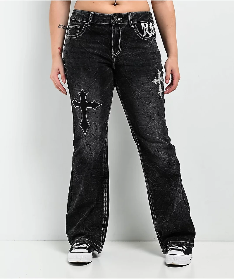 Ninth Hall Alyssia Cross Black Wash Mid Rise Bootcut Jeans