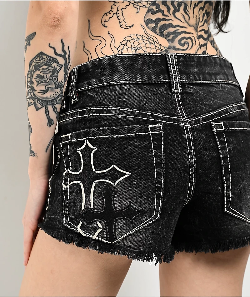 Ninth Hall Alyssia Crosses Black Wash Denim Shorts