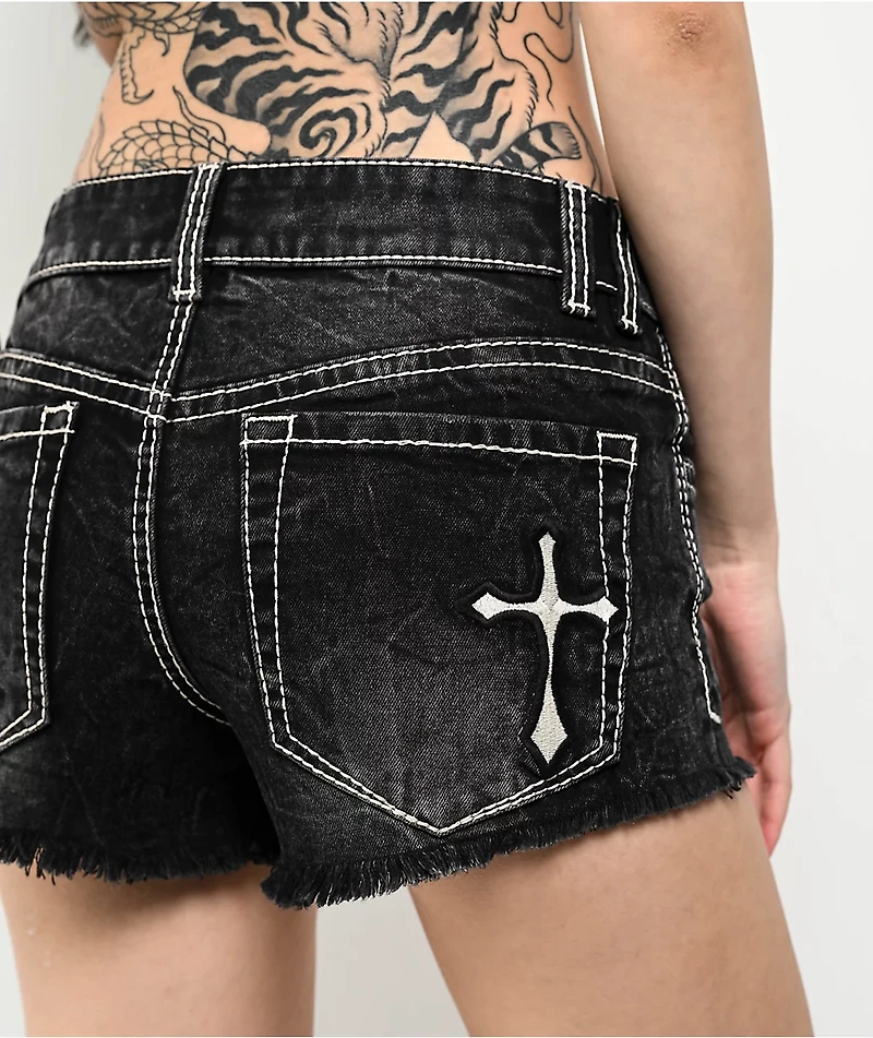 Ninth Hall Alyssia Crosses Black Wash Denim Shorts