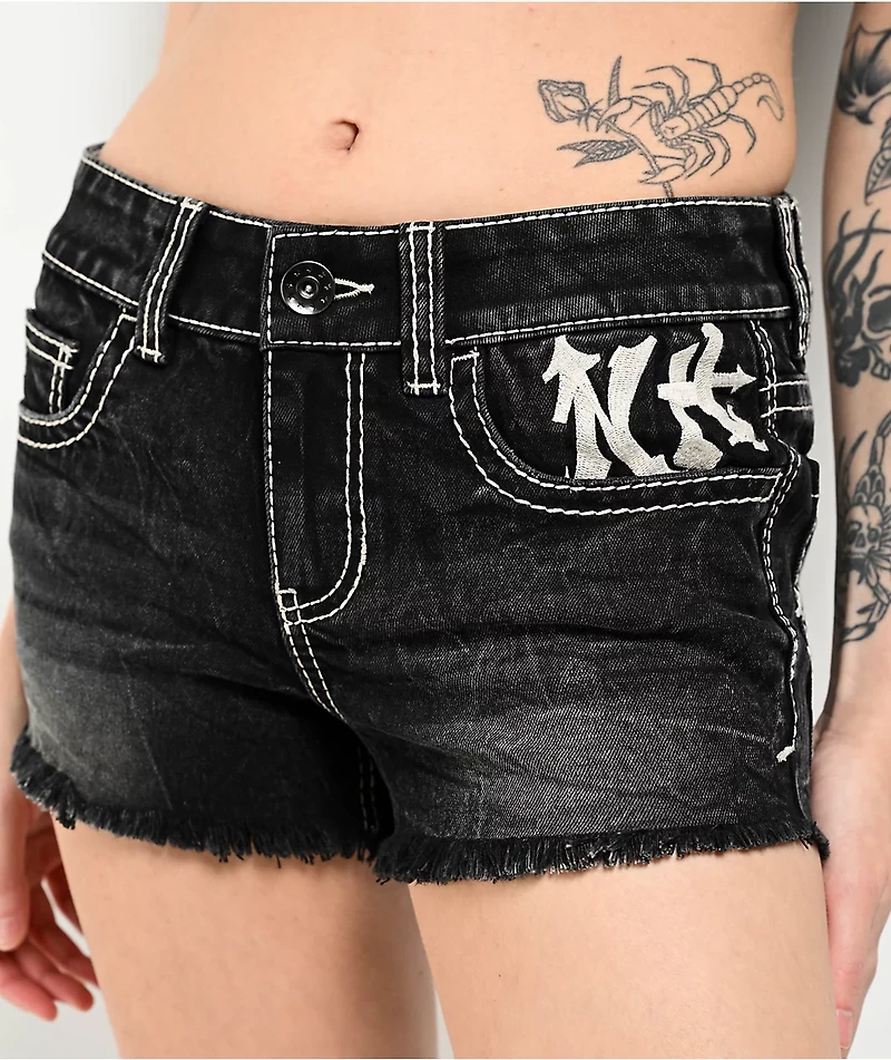 Ninth Hall Alyssia Crosses Black Wash Denim Shorts