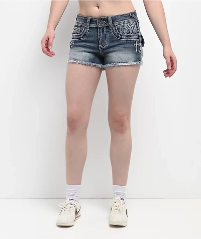Ninth Hall Alyssia Crosses Blue Wash Denim Shorts