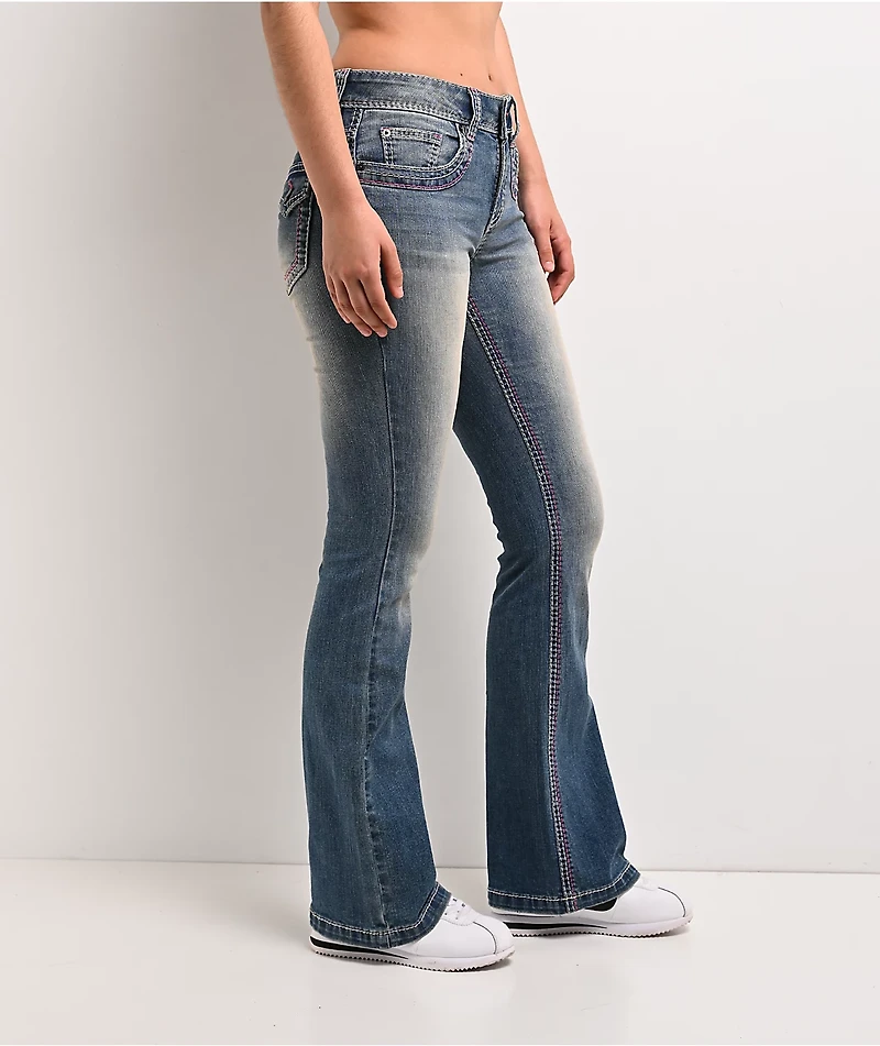 Ninth Hall Alyssia Pink Stitch Blue Wash Bootcut Jeans