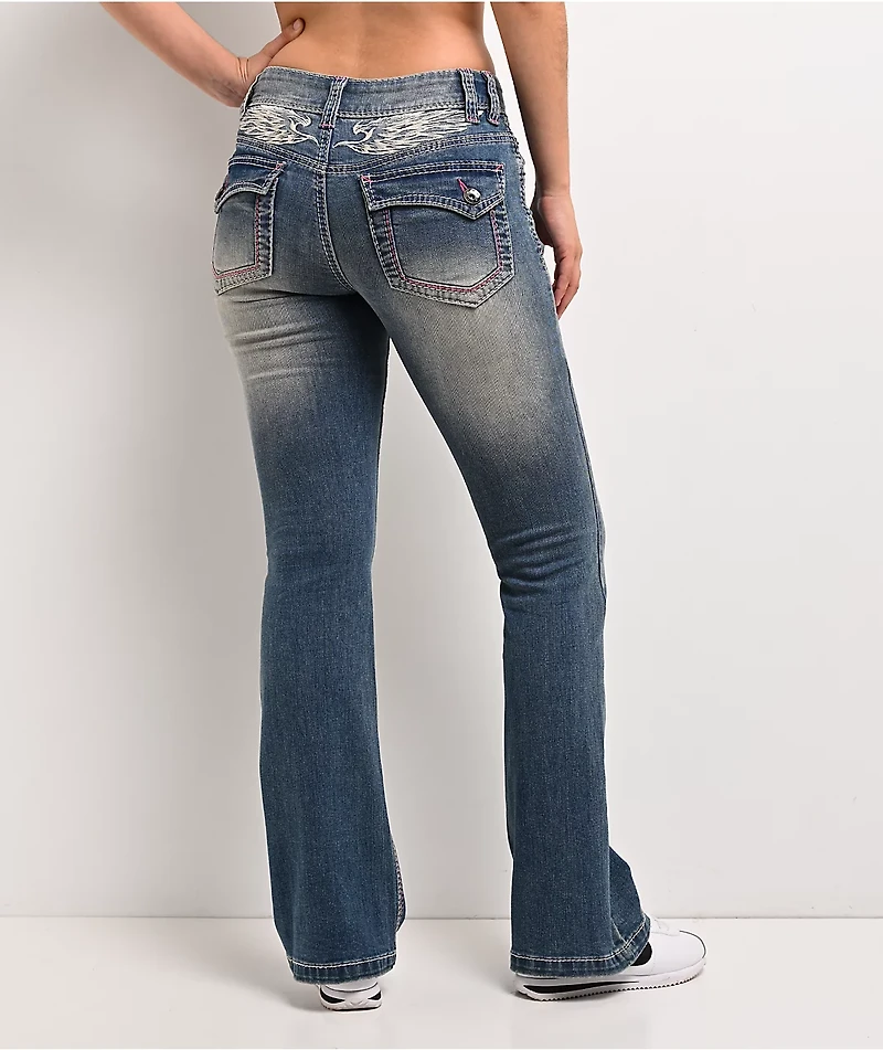 Ninth Hall Alyssia Pink Stitch Blue Wash Bootcut Jeans