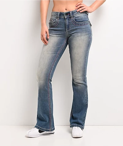 Ninth Hall Alyssia Pink Stitch Blue Wash Bootcut Jeans