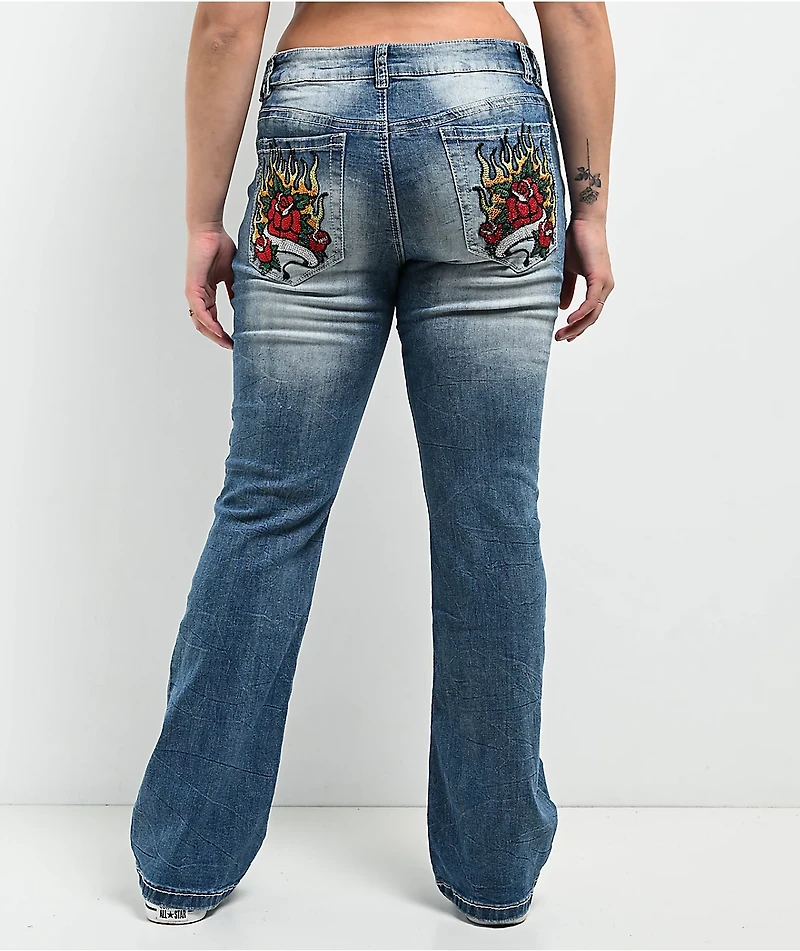 Ninth Hall Alyssia Rose Rhinestone Blue Wash Bootcut Jeans