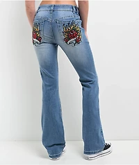 Ninth Hall Alyssia Rose Rhinestone Blue Wash Bootcut Jeans