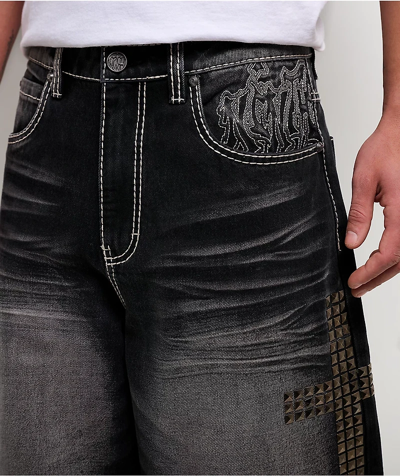 Ninth Hall Ashtray Disciple Stud Cross Black Wash Loose Fit Jeans