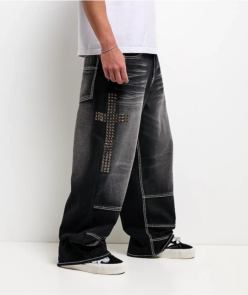 Ninth Hall Ashtray Disciple Stud Cross Black Wash Loose Fit Jeans