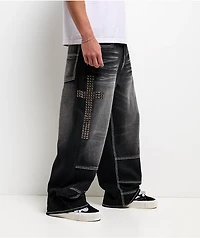 Ninth Hall Ashtray Disciple Stud Cross Black Wash Loose Fit Jeans