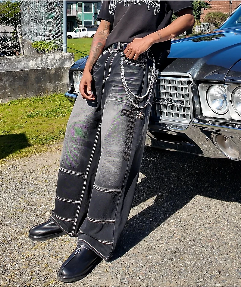 Ninth Hall Ashtray Disciple Stud Cross Black Wash Loose Fit Jeans