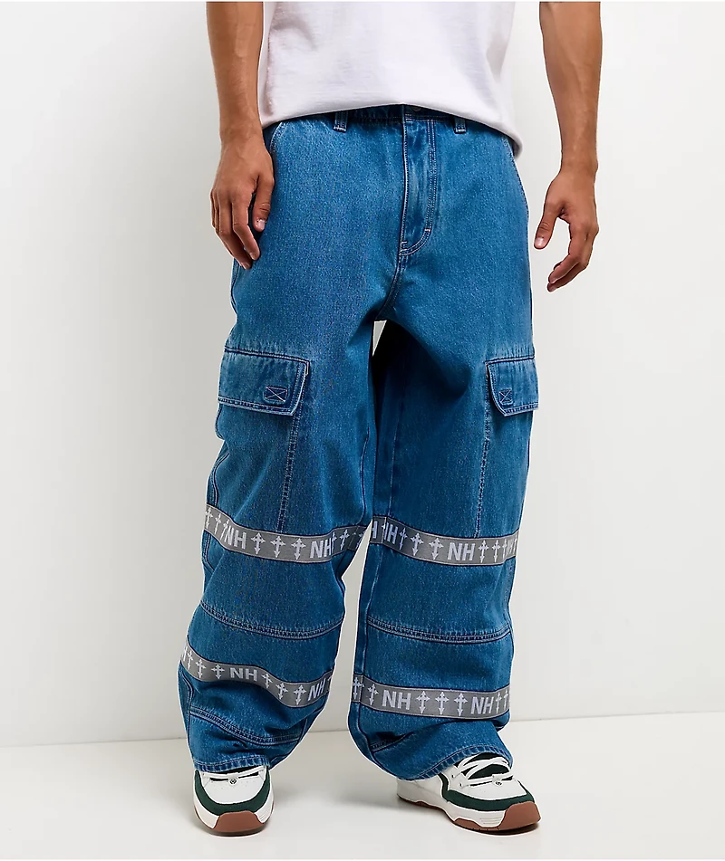 Ninth Hall Astray Strapped Blue Wash Ultra Wide Cargo Jeans