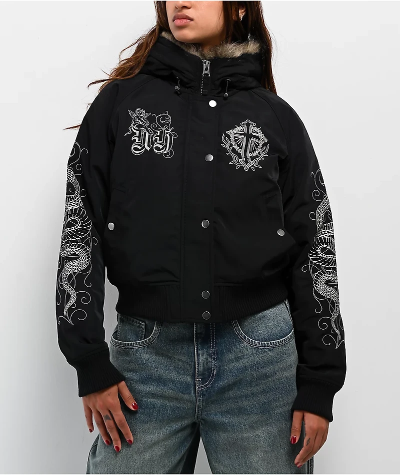 Ninth Hall Ayla Faux Fur Trim Black Hooded Bomber Jacket