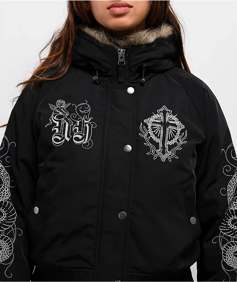 Ninth Hall Ayla Faux Fur Trim Black Hooded Bomber Jacket