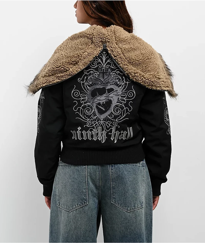 Ninth Hall Ayla Faux Fur Trim Black Hooded Bomber Jacket