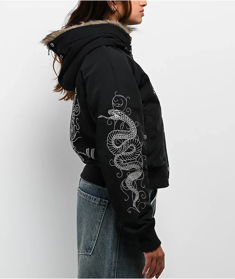 Ninth Hall Ayla Faux Fur Trim Black Hooded Bomber Jacket