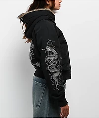 Ninth Hall Ayla Faux Fur Trim Black Hooded Bomber Jacket