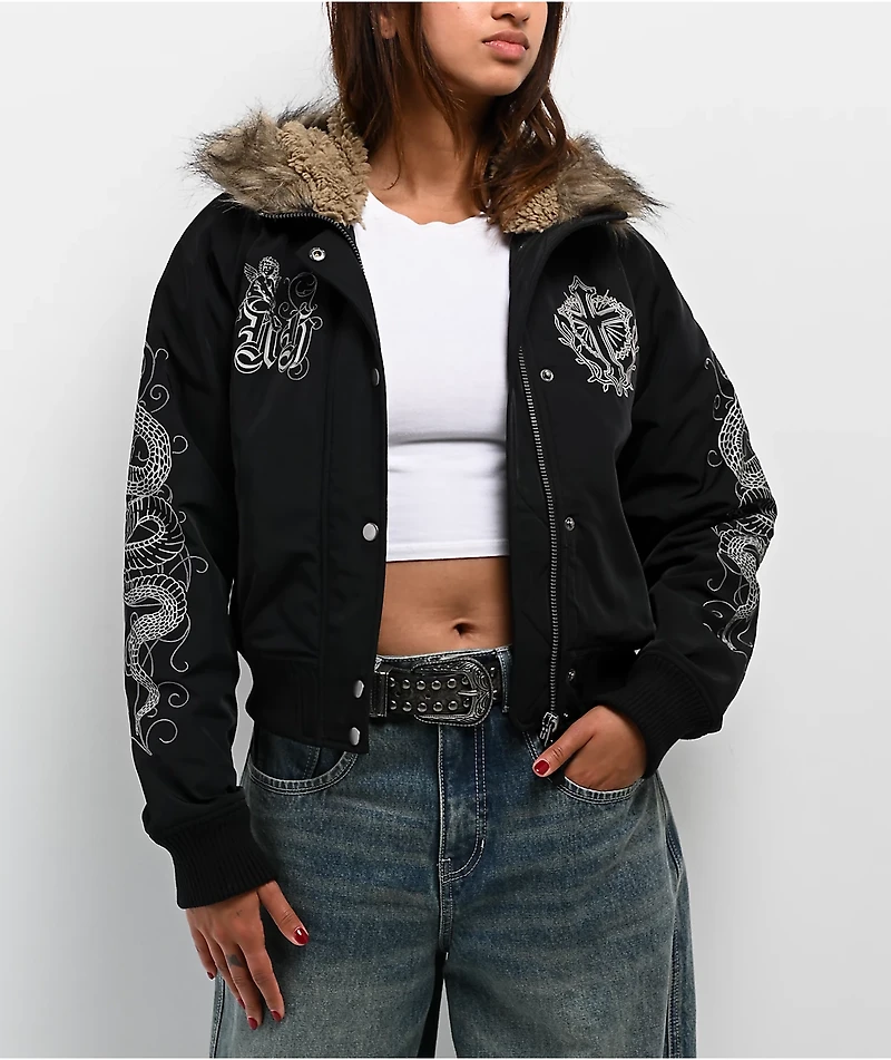 Ninth Hall Ayla Faux Fur Trim Black Hooded Bomber Jacket