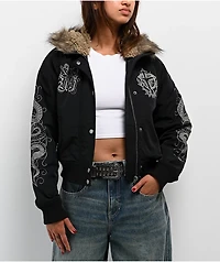 Ninth Hall Ayla Faux Fur Trim Black Hooded Bomber Jacket