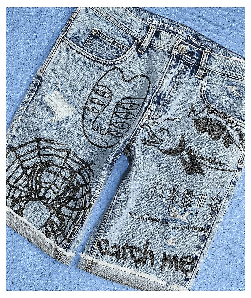 Ninth Hall Captain Scribbles Blue Denim Shorts