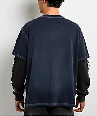 Ninth Hall Champions Navy & Black Wash 2fer Long Sleeve T-Shirt