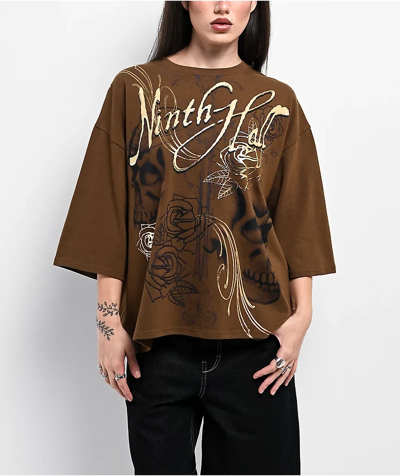 Ninth Hall Ciara Foil Print Brown Oversized Boxy T-Shirt