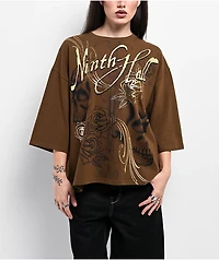 Ninth Hall Ciara Foil Print Brown Oversized Boxy T-Shirt