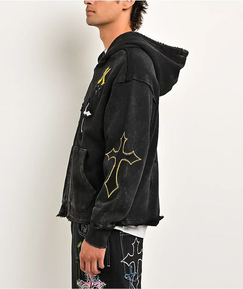 Ninth Hall Cross Black Wash Crop Zip Hoodie