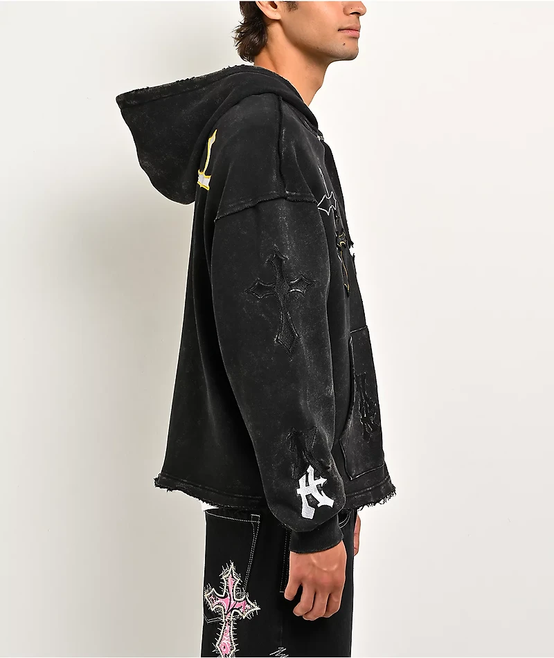 Ninth Hall Cross Black Wash Crop Zip Hoodie