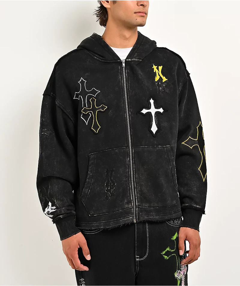 Ninth Hall Cross Black Wash Crop Zip Hoodie