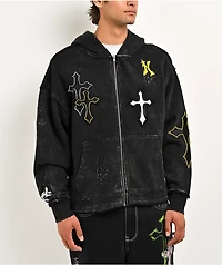 Ninth Hall Cross Black Wash Crop Zip Hoodie