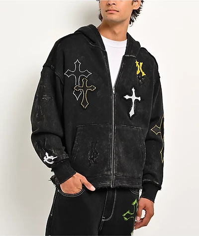 Ninth Hall Cross Black Wash Crop Zip Hoodie
