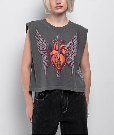 Ninth Hall Cross My Heart Charcoal Crop Tank Top