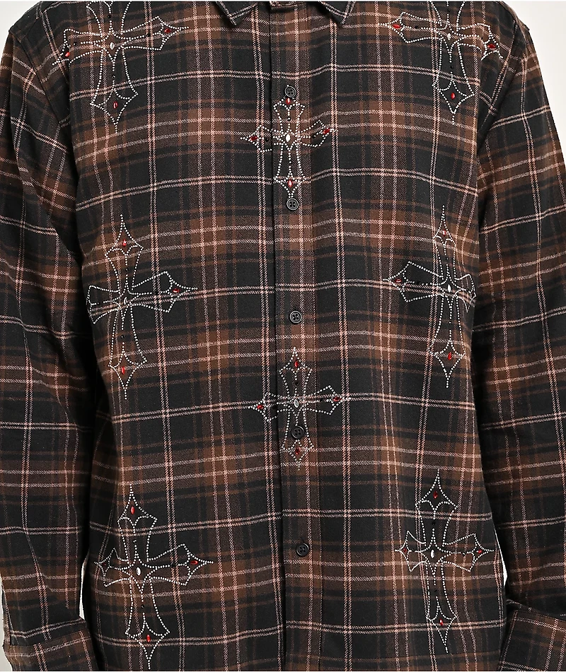 Ninth Hall Cross Rhinestone Brown & Black Boxy Flannel Shirt
