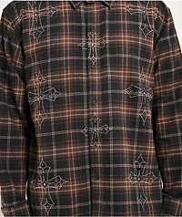 Ninth Hall Cross Rhinestone Brown & Black Boxy Flannel Shirt