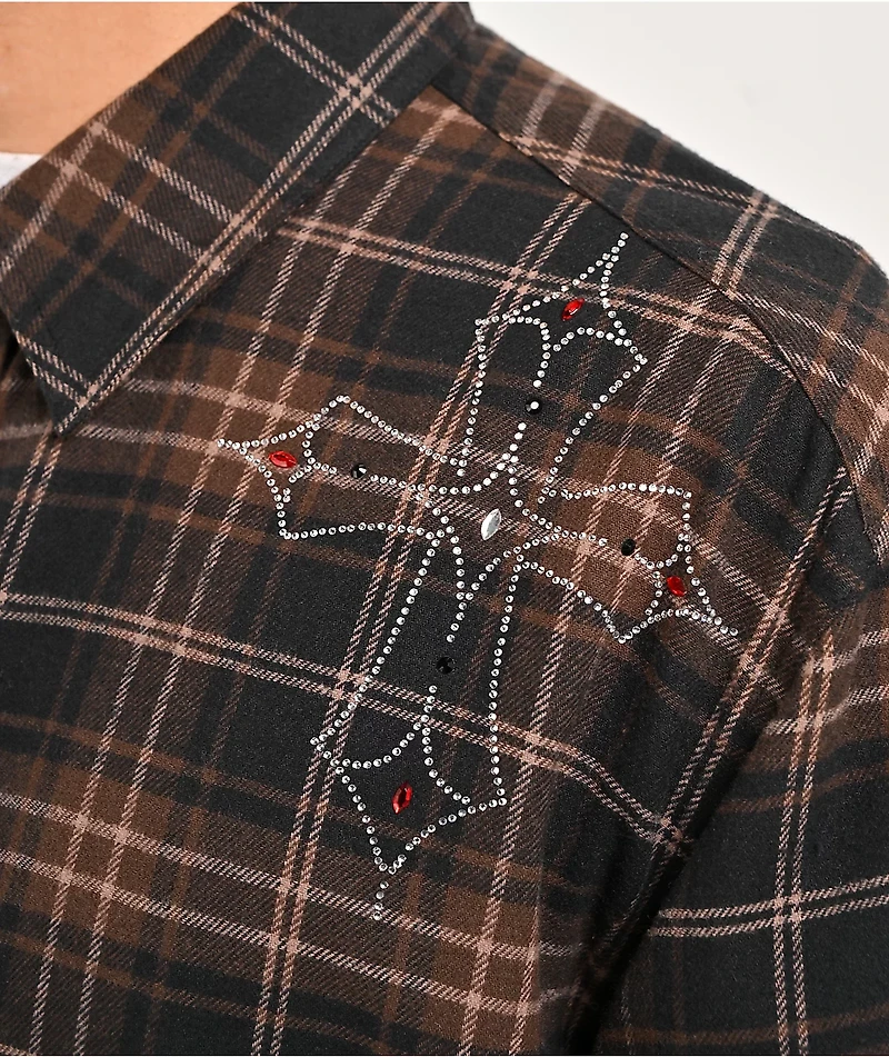 Ninth Hall Cross Rhinestone Brown & Black Boxy Flannel Shirt