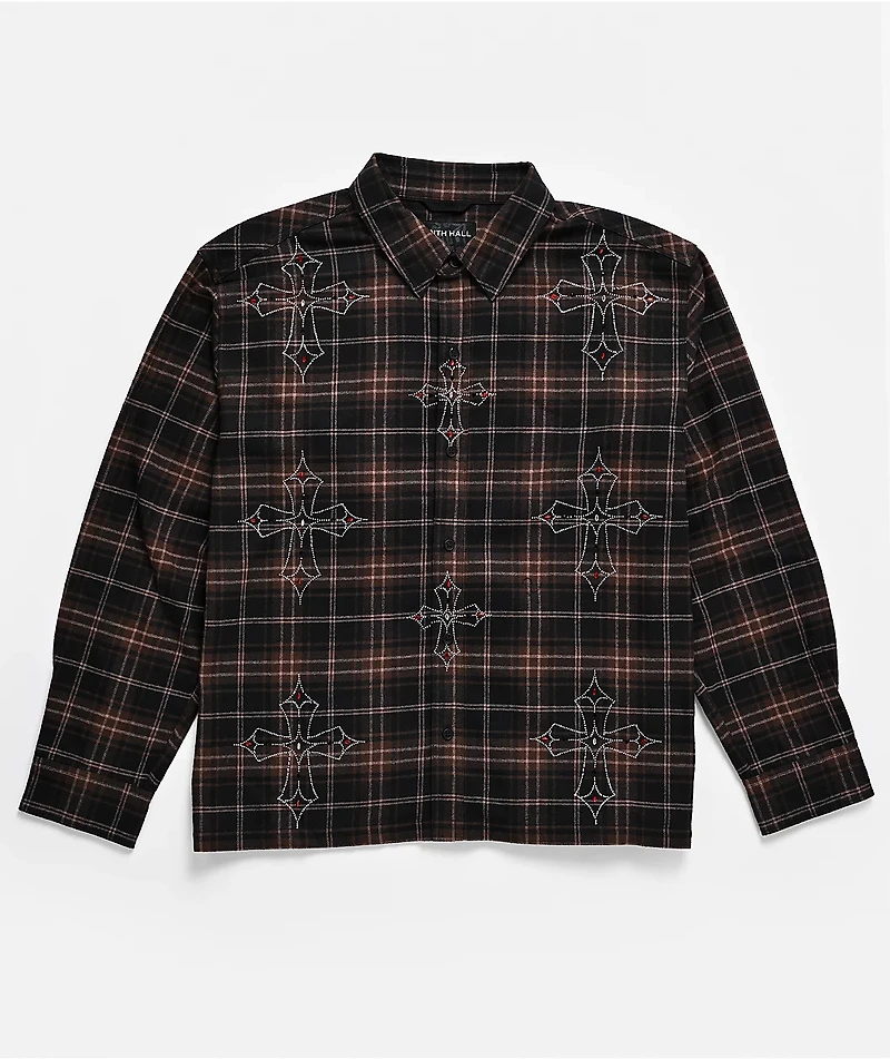 Ninth Hall Cross Rhinestone Brown & Black Boxy Flannel Shirt