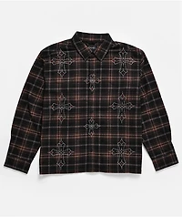 Ninth Hall Cross Rhinestone Brown & Black Boxy Flannel Shirt