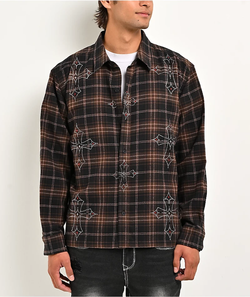 Ninth Hall Cross Rhinestone Brown & Black Boxy Flannel Shirt
