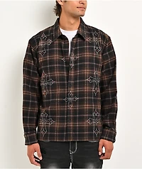 Ninth Hall Cross Rhinestone Brown & Black Boxy Flannel Shirt