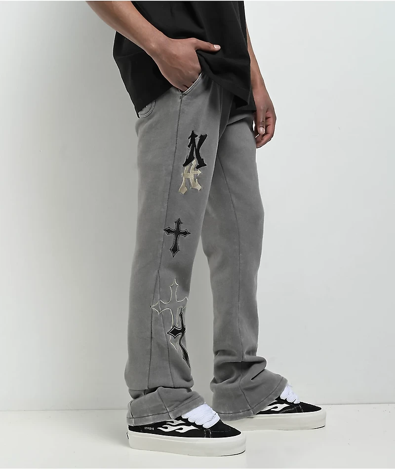 Ninth Hall Crosses Grey Wash Stacked Flare Sweatpants