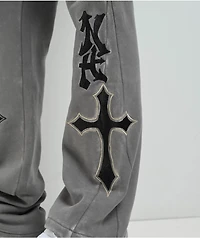 Ninth Hall Crosses Grey Wash Stacked Flare Sweatpants